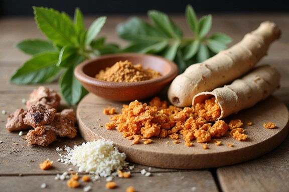 Close-up of various adaptogenic herbs and roots, such as ashwagandha, rhodiola rosea, and ginseng, arranged aesthetically on a rustic wooden table.