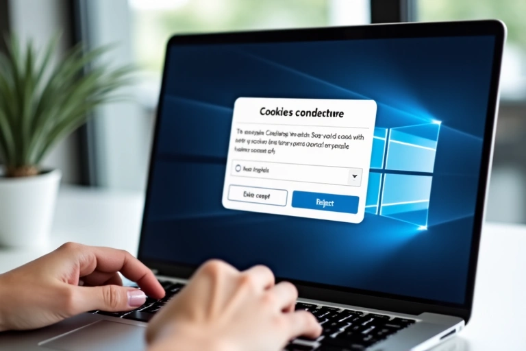 Person's hand interacting with a cookie consent pop-up on a laptop screen