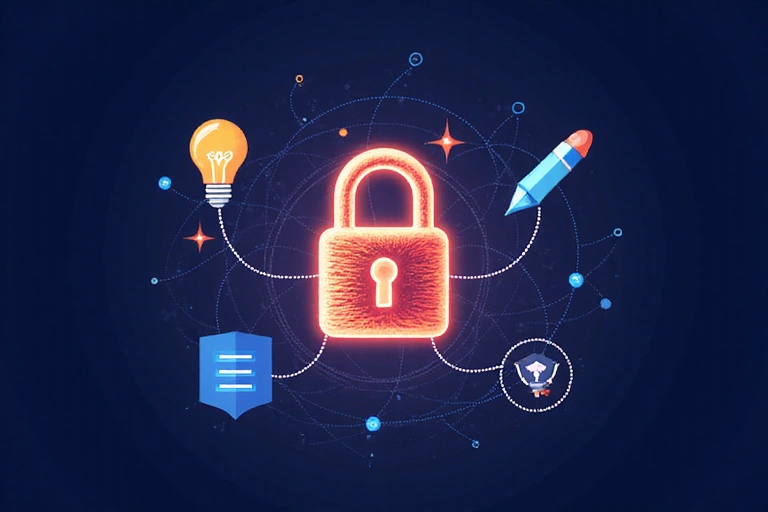 Digital illustration representing intellectual property, with a stylized lock icon over abstract data lines and creative symbols like a lightbulb and a pen.